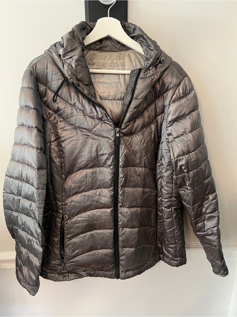 Andrew Marc Metallic Charcoal Hooded Puffer Jacket